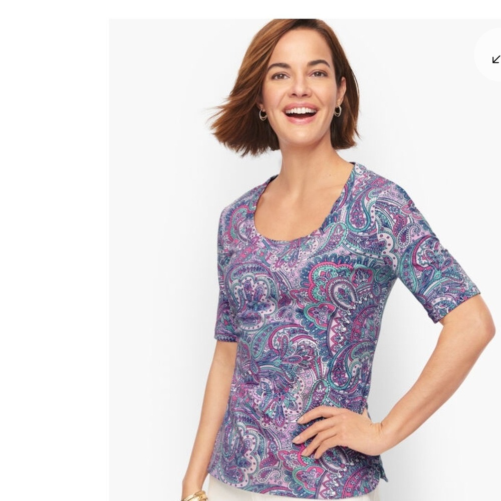 Talbots Womens Purple Pink Paisley Short Sleeve Scoop Neck Tee Shirt Size M